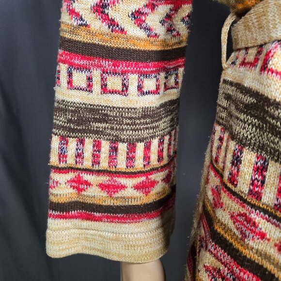 Vintage 70s Boho Belted Cardigan Womens Size S Beige Aztec Print Flared Sleeves - Picture 5 of 11